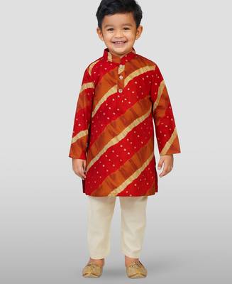 boys maroon rayon kurta with cream pyjama - traditional lehariya print set 2