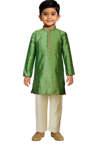 Jbn creations boys green jacquard silk kurta with cream pyjama - classic festive set