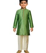 boys green jacquard silk kurta with cream pyjama - classic festive set