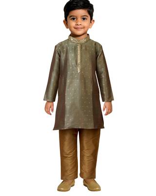 boys green jacquard silk kurta with cream pyjama - premium festive set 1