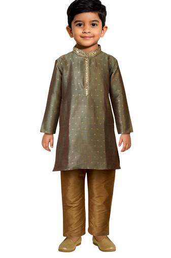 Jbn creations boys green jacquard silk kurta with cream pyjama - premium festive set