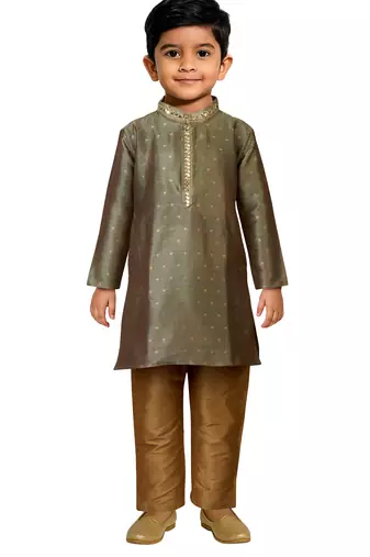 Jbn creations boys green jacquard silk kurta with cream pyjama - premium festive set
