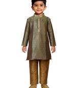 boys green jacquard silk kurta with cream pyjama - premium festive set