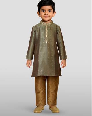 boys green jacquard silk kurta with cream pyjama - premium festive set 2