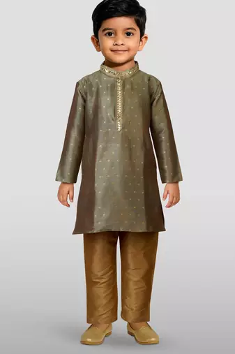 boys green jacquard silk kurta with cream pyjama - premium festive set