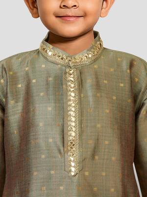 boys green jacquard silk kurta with cream pyjama - premium festive set 3