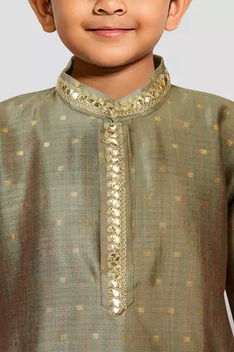 boys green jacquard silk kurta with cream pyjama - premium festive set