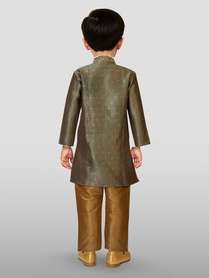 boys green jacquard silk kurta with cream pyjama - premium festive set 4