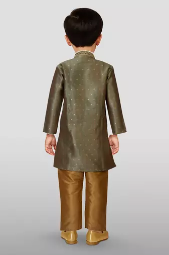 boys green jacquard silk kurta with cream pyjama - premium festive set