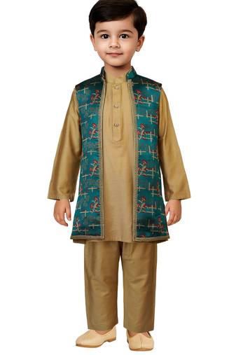 Jbn creations boys green jacquard silk jacket with rose gold pyjama - elegant set