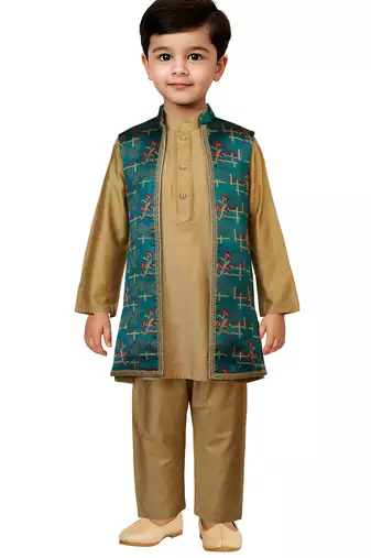 Jbn creations boys green jacquard silk jacket with rose gold pyjama - elegant set