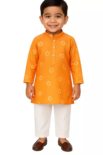 Jbn boys orange ethnic print kurta with white pyjama - diwali special set