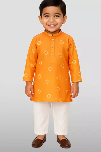 Jbn boys orange ethnic print kurta with white pyjama - diwali special set