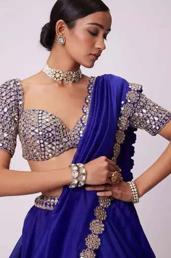 Navy Blue Color Foil Mirror Work Faux Georgette Lehenga Choli