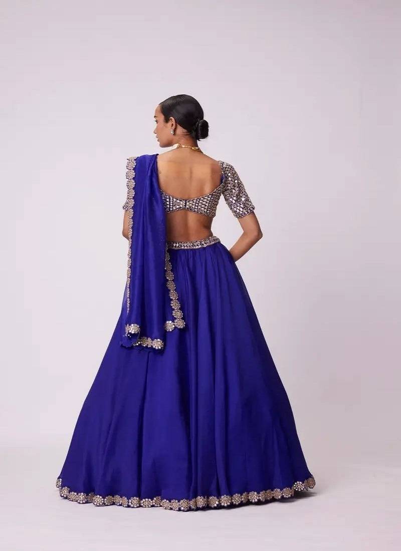 Navy Blue Color Foil Mirror Work Faux Georgette Lehenga Choli
