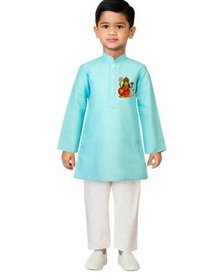 boys' aqua cotton printed kurta set with white pyjama - durga poojan special 1