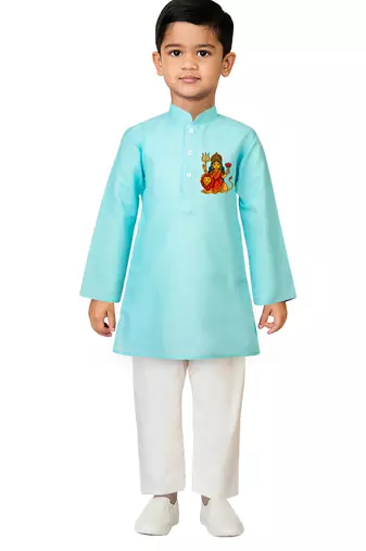 boys' aqua cotton printed kurta set with white pyjama - durga poojan special