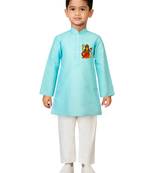 boys' aqua cotton printed kurta set with white pyjama - durga poojan special