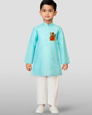 boys' aqua cotton printed kurta set with white pyjama - durga poojan special 2