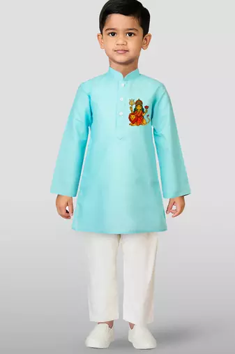 boys' aqua cotton printed kurta set with white pyjama - durga poojan special