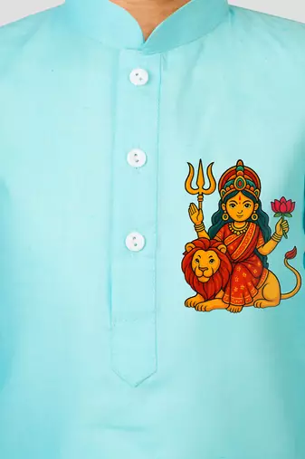 boys' aqua cotton printed kurta set with white pyjama - durga poojan special