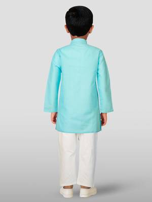 boys' aqua cotton printed kurta set with white pyjama - durga poojan special 4