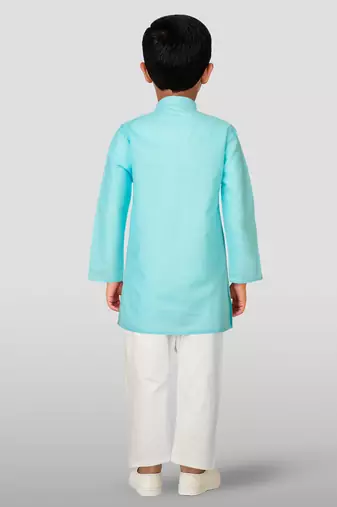 boys' aqua cotton printed kurta set with white pyjama - durga poojan special