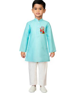 boys' aqua cotton printed kurta set with white pyjama - navratri special 1
