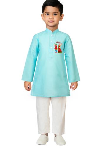 Jbn creations boys' aqua cotton printed kurta set with white pyjama - navratri special