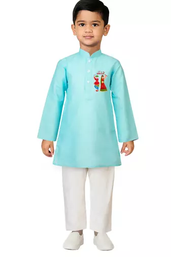 boys' aqua cotton printed kurta set with white pyjama - navratri special