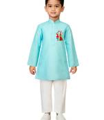 boys' aqua cotton printed kurta set with white pyjama - navratri special