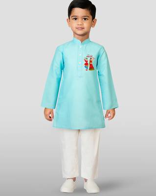 boys' aqua cotton printed kurta set with white pyjama - navratri special 2