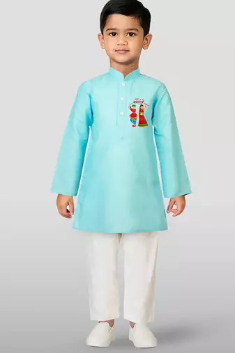 boys' aqua cotton printed kurta set with white pyjama - navratri special