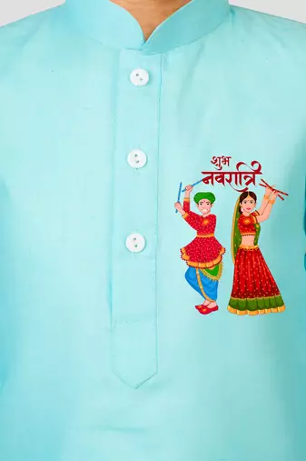 boys' aqua cotton printed kurta set with white pyjama - navratri special