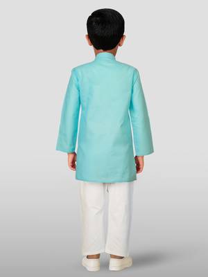 boys' aqua cotton printed kurta set with white pyjama - navratri special 4