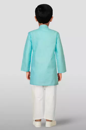 boys' aqua cotton printed kurta set with white pyjama - navratri special