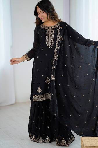 Black Georgette Embroidered Suit Set with Dupatta | Elegant Partywear Salwar Kameez