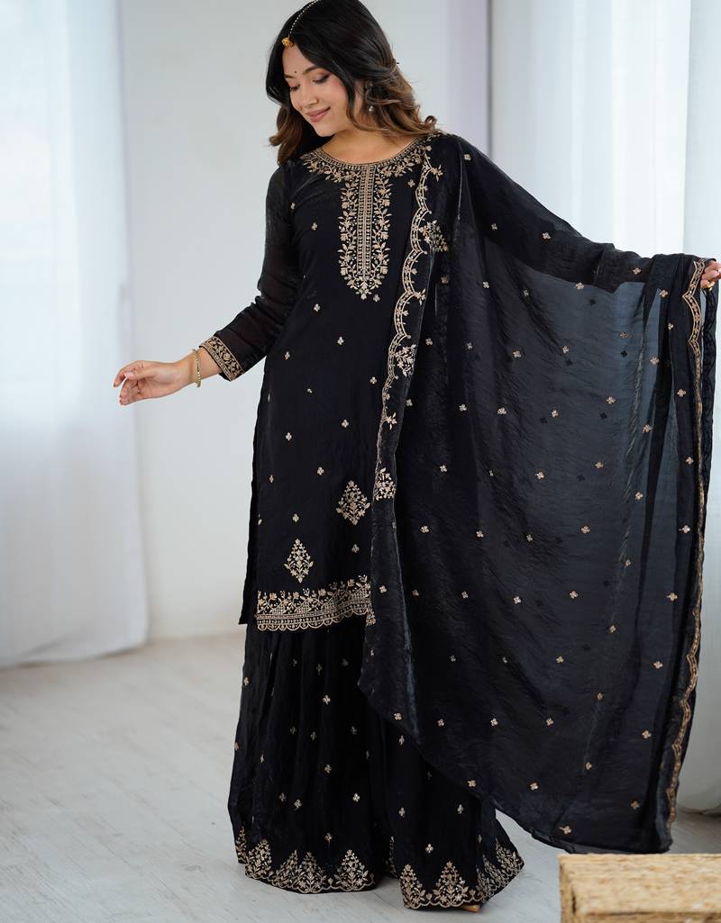 Black Georgette Embroidered Suit Set with Dupatta | Elegant Partywear Salwar Kameez