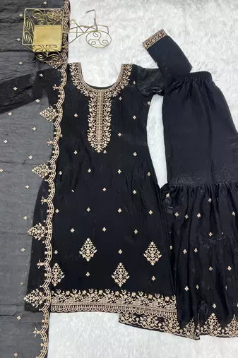 Black Georgette Embroidered Suit Set with Dupatta | Elegant Partywear Salwar Kameez