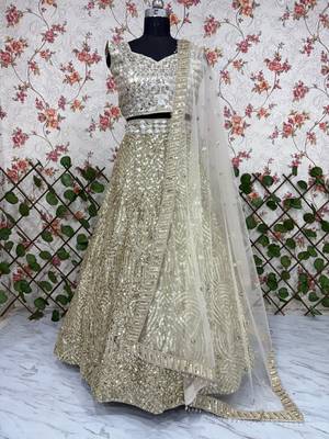 Cream Color Thread Embroidery,Dori Work With Latkan Sequins Work Karishma Silk Lehenga Choli 3