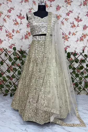 Cream Color Thread Embroidery,Dori Work With Latkan Sequins Work Karishma Silk Lehenga Choli