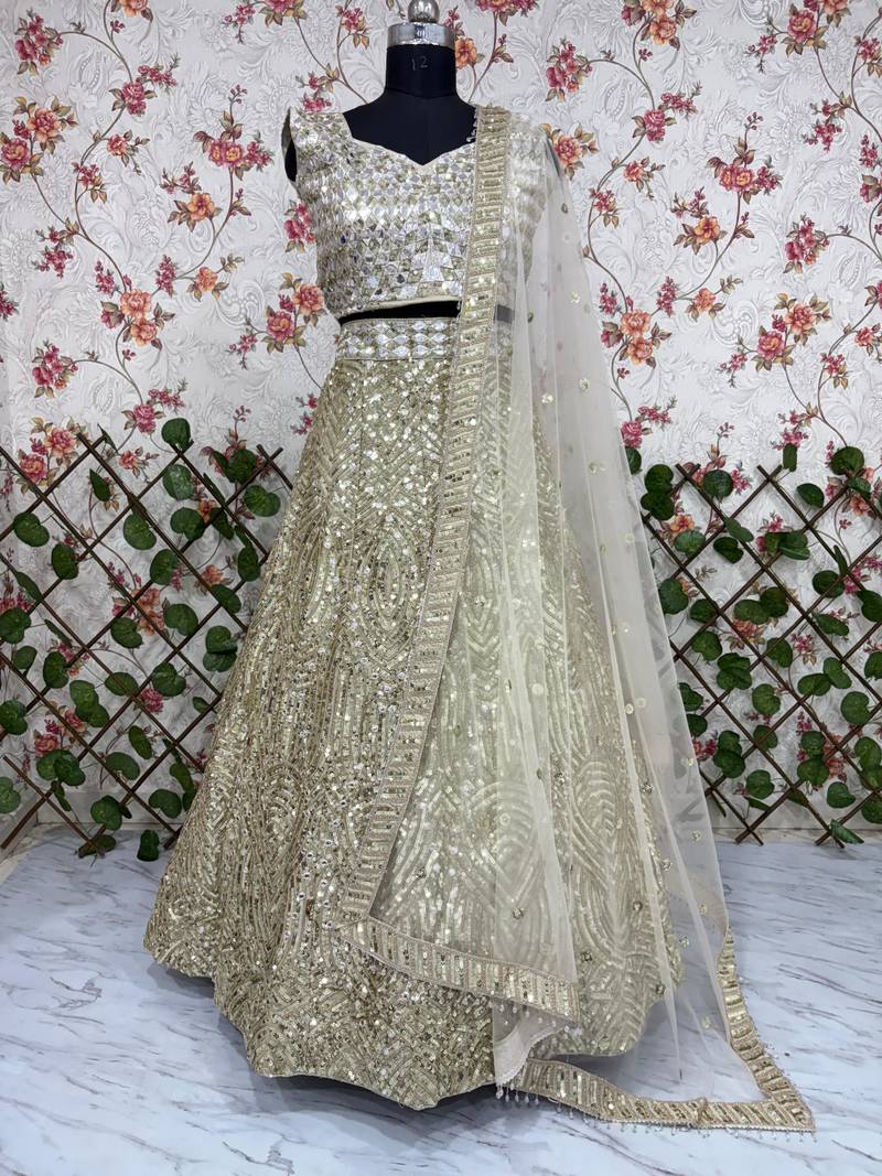 Cream Color Thread Embroidery,Dori Work With Latkan Sequins Work Karishma Silk Lehenga Choli