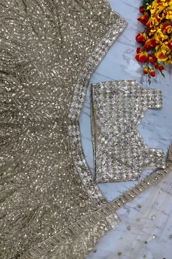 Cream Color Thread Embroidery,Dori Work With Latkan Sequins Work Karishma Silk Lehenga Choli
