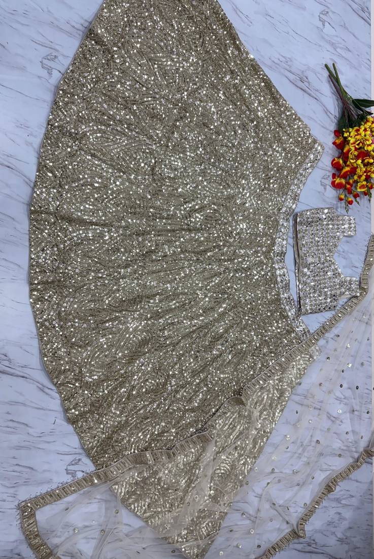 Cream Color Thread Embroidery,Dori Work With Latkan Sequins Work Karishma Silk Lehenga Choli