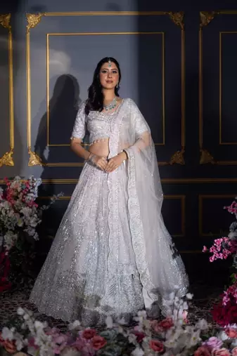 Silver Color Thread Embroidery,Dori Work With Sequins Work Faux Georgette Lehenga Choli