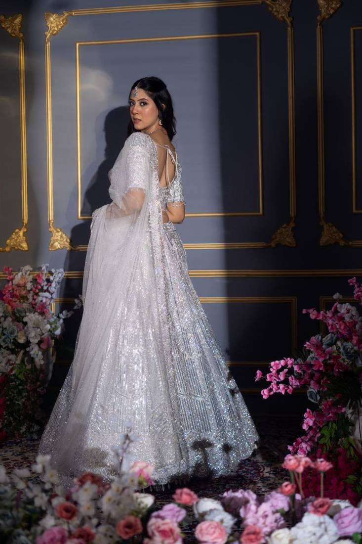 Silver Color Thread Embroidery,Dori Work With Sequins Work Faux Georgette Lehenga Choli