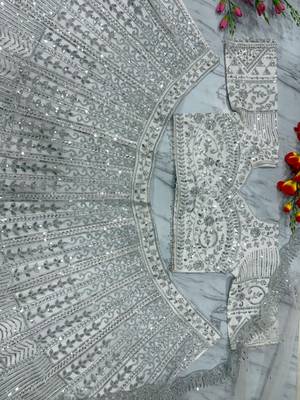 Silver Color Thread Embroidery,Dori Work With Sequins Work Faux Georgette Lehenga Choli 4