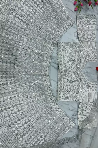 Silver Color Thread Embroidery,Dori Work With Sequins Work Faux Georgette Lehenga Choli