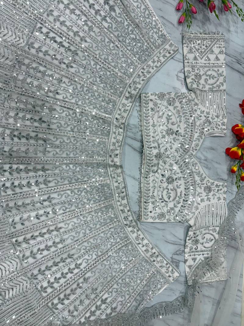 Silver Color Thread Embroidery,Dori Work With Sequins Work Faux Georgette Lehenga Choli
