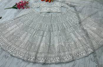Silver Color Thread Embroidery,Dori Work With Sequins Work Faux Georgette Lehenga Choli 5
